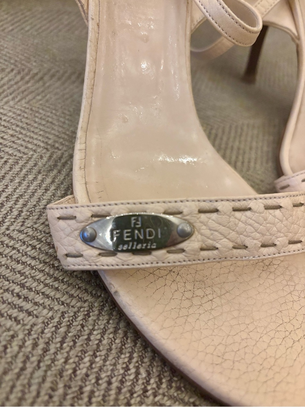 Authentic Vintage Fendi Cream Leather Strappy Heels with Logo Plaque